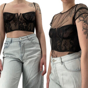 House of CB Kya Bustier Top Floral Lace Corset Sheer Mesh Overlay Black NEW XS